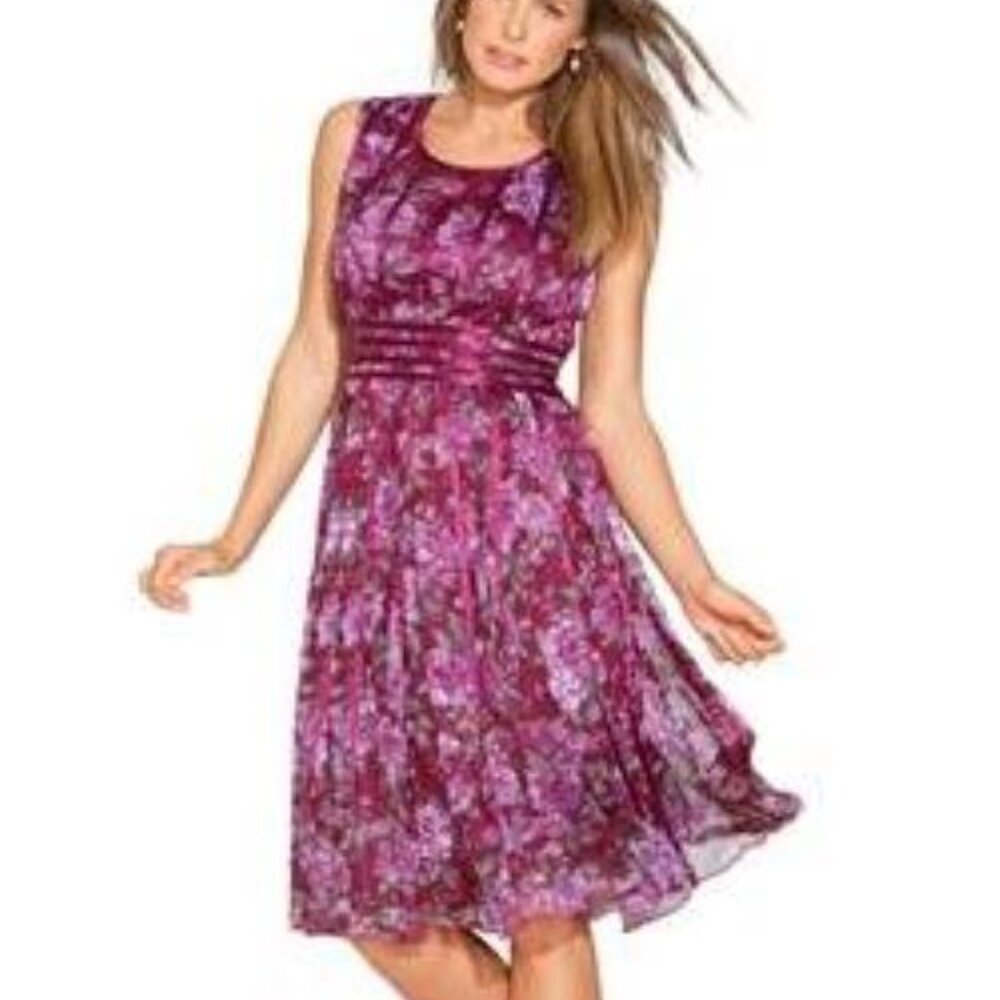 NWT Roaman's Purple Floral Print Sheer Lined Pipping Sleeveless Dress 24W